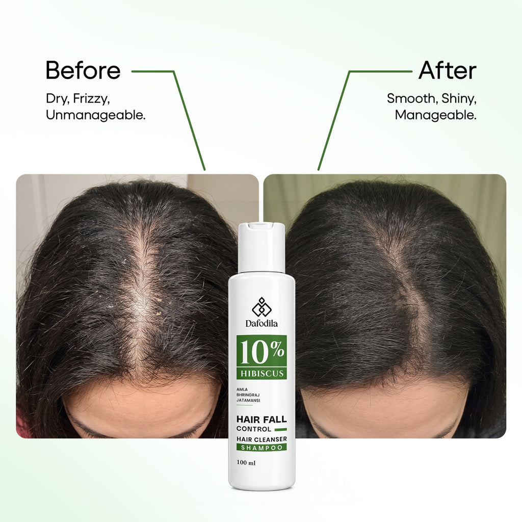 Before and after using Dafodila Hibiscus Shampoo – smoother, shinier hair