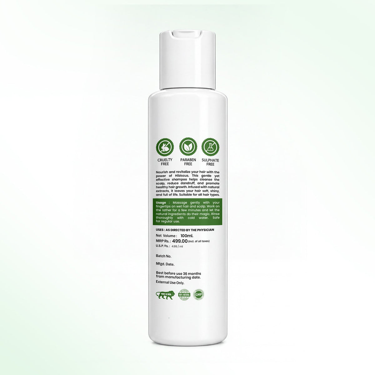 Dafodila Hibiscus Shampoo back label – usage, MRP and product details