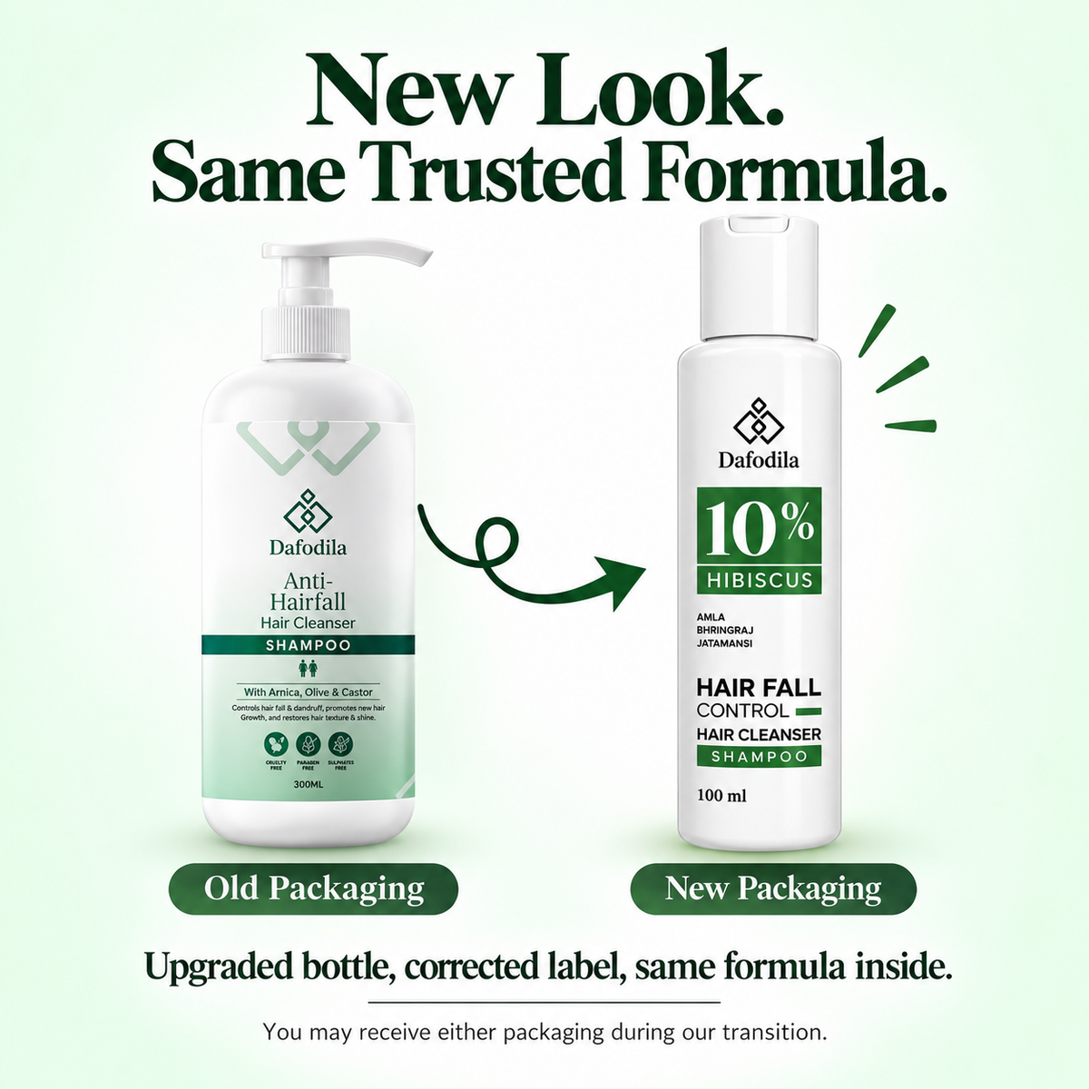 Dafodila Hibiscus Shampoo old vs new packaging – same formula, new bottle