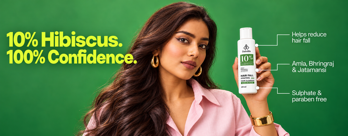 Dafodila Hair Fall Control Shampoo – 10% Hibiscus. 100% Confidence. Helps reduce hair fall, with Amla, Bhringraj & Jatamansi, sulphate & paraben free.
